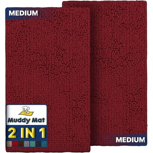 image:imageMuddy Mat 2Piece Atlantic Blue Medium 30X19 ASSEENONTV Highly Absorbent Microfiber Door Mat Bath Mat and Pet Rug Non Slip Thick Washable Soft Chenille for Kitchen Bedroom Indoor and OutdoorRed