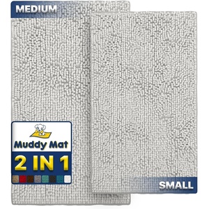 image:imageMuddy Mat 2Piece Set ASSEENONTV Highly Absorbent Microfiber Dog Door Mat and Pet Rug Non Slip Thick Washable Area Mat Soft Chenille for Kitchen Bathroom Bedroom and Outdoor White Small amp Medium