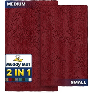 image:imageMuddy Mat 2Piece Set ASSEENONTV Highly Absorbent Microfiber Dog Door Mat and Pet Rug Non Slip Thick Washable Area Mat Soft Chenille for Kitchen Bathroom Bedroom and Outdoor Red Small amp Medium