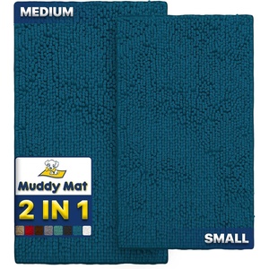 image:imageMuddy Mat 2Piece Set Highly Absorbent Microfiber Dog Door Mat and Pet Rug Non Slip Thick Washable Area Mat Soft Chenille for Kitchen Bathroom Bedroom and Outdoor Atlantic Blue Small amp Medium