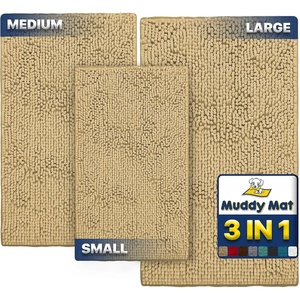 image:imageMuddy Mat Pack of 3 Highly Absorbent Microfiber Dog Door Mat and Pet Rug Non Slip Thick Washable Area Mat Soft Chenille for Kitchen Bathroom Bedroom and Outdoor  Brown Small Medium amp LargeBeige